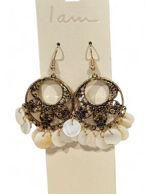 I Am Gold Filigree Hoop Earrings with White Shell Drops